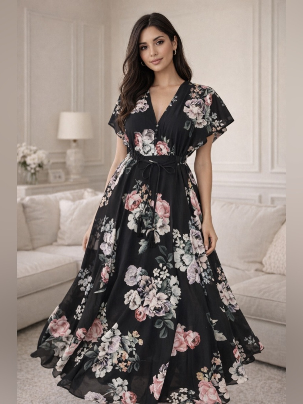 YUMI KIM Black Floral V-Neck Maxi Dress with Pink & Purple Blooms Sz Small